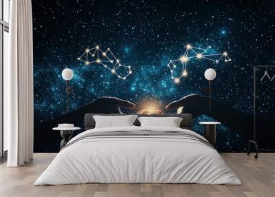 Hands holding glowing orb in starry night sky with constellations. Wall mural