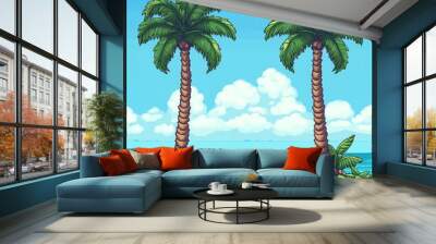 Illustration of two palm trees on a sandy beach with a clear blue sky and ocean in the background. Wall mural