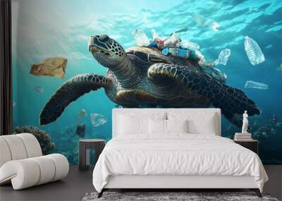 Sea turtle swimming amidst ocean pollution and plastic waste, underwater view, conservation concept Wall mural