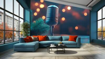 Vintage microphone on wooden table with festive Christmas lights and pine decorations, ideal for holiday podcasts or music recordings. Wall mural