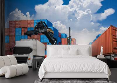 At port the forklift are working lifting up container box shipping to logistics truck at beautiful clouds sky Wall mural