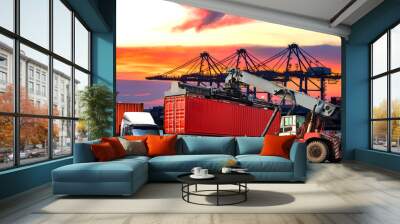 The cargo ship industry is parked in a harbor with a large crane bridge, transporting goods, importing and exporting trucks Wall mural