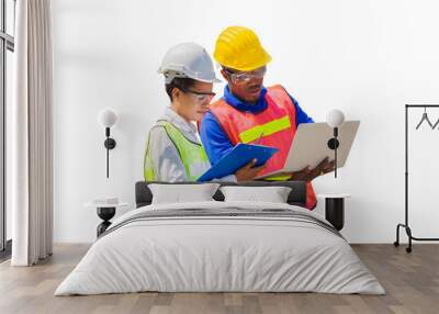 Female foreman safety vest using clipboard checklist and Worker man in hardhat holding laptop for control loading containers box from cargo Wall mural