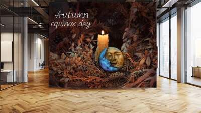 Autumn equinox day. burning candle, symbol of sun and moon, autumn leaves on abstract dark background. pagan Wiccan, Slavic traditions. Witchcraft, esoteric spiritual ritual for mabon Wall mural