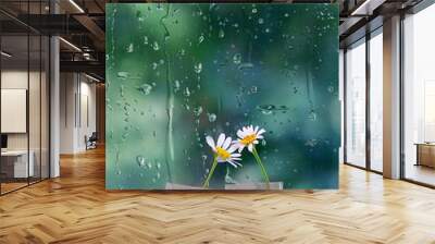 beautiful inspirational melancholic image. chamomile flowers and rainy window. bad rainy weather and two daisies. rain outside window on rainy summer day.  texture of raindrops, wet glass. Wall mural