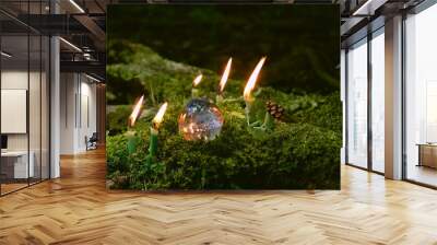 candles and magic crystal ball in dark forest, natural background. meditation, relaxation, Witchcraft concept. healing gemstone. spiritual ritual for cleaning aura. wiccan witch altar Wall mural