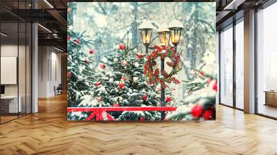 Merry Christmas and happy new year concept. winter lantern and Christmas wreath. Christmas tree in red balls, winter holiday background. Winter holiday theme. beautiful holiday decor  of Moscow Wall mural