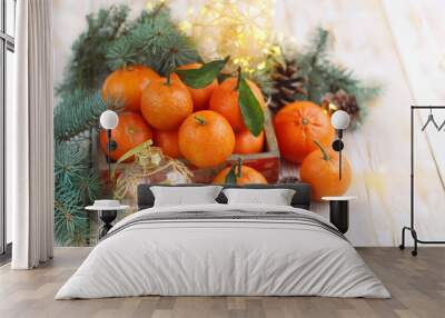 still life with few tangerines, Christmas balls and fir branches,. close up, soft focus Wall mural