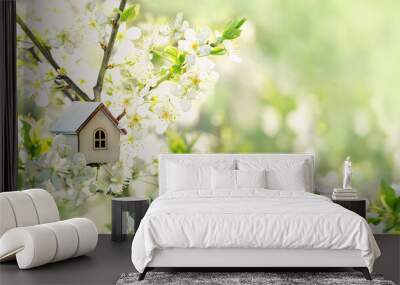 white toy house and cherry flowers, spring abstract natural background. concept of mortgage, construction, rental, family and property. eco-home. spring season. copy space Wall mural