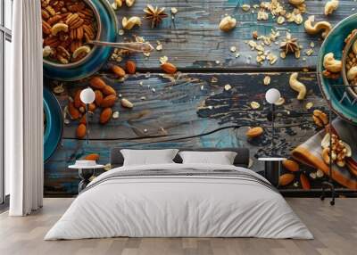 Assorted nuts and grains in bowls on rustic wooden table Wall mural