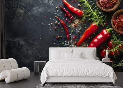 Assortment of red chili peppers and spices on dark background Wall mural