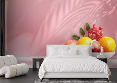 Bowl of fresh citrus fruits on pink background Wall mural