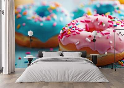 Brightly colored donuts with sprinkles on a wooden surface Wall mural