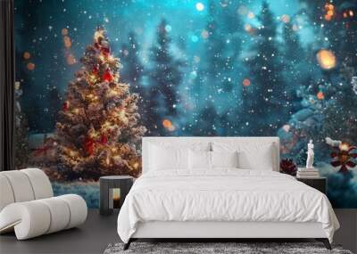 Christmas tree in snowy forest with glowing lights and decorations Wall mural