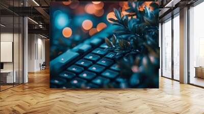 Close-up of a computer keyboard surrounded by greenery Wall mural