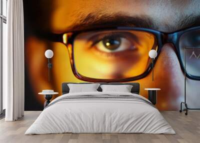 Close-up of a person wearing glasses in warm lighting Wall mural