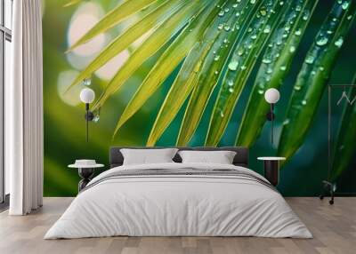 Close-up of green palm leaves with water droplets in sunlight Wall mural