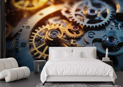 Close-up of intricate clockwork gears in motion Wall mural