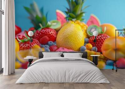 Colorful assortment of fruits on a blue background Wall mural