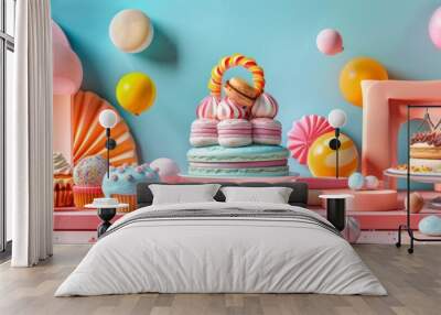 Colorful dessert table with cupcakes and macarons Wall mural