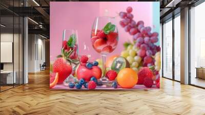 Colorful fruit arrangement with glasses on a pastel background Wall mural