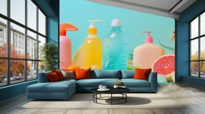 Colorful skincare bottles with citrus fruits on a vibrant background Wall mural