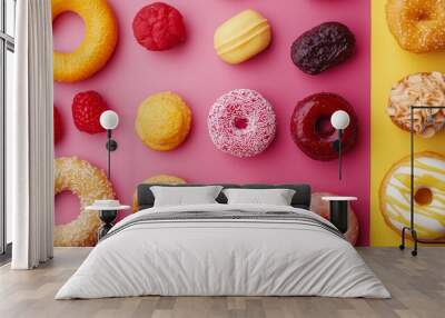 Colorful variety of mini donuts and pastries on pink and yellow background Wall mural