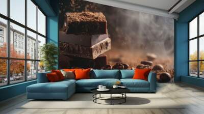 Dark chocolate chunks with cocoa powder and coffee beans Wall mural