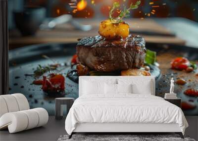 Exquisite close-up of a gourmet steak topped with caramelized peach, served with fresh vegetables and artistic sauce splatter. Wall mural