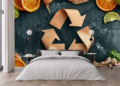 Food scraps and a cardboard recycle symbol on used paper, depicting organic recycling and composting. Wall mural