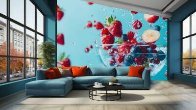 Fresh fruits splashing into water with a vibrant blue background Wall mural