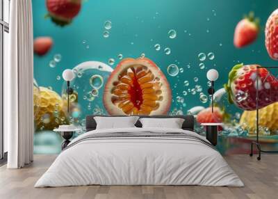 Fresh strawberries and citrus fruits splashing into water with bubbles Wall mural