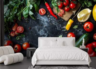 Fresh tomatoes, basil, and vegetables on a rustic kitchen surface Wall mural