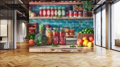 Fresh vegetables and fruits displayed in a rustic kitchen Wall mural