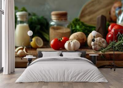 Fresh vegetables and herbs on a rustic wooden kitchen table Wall mural