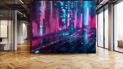 Futuristic financial graph with pink and blue glowing data Wall mural