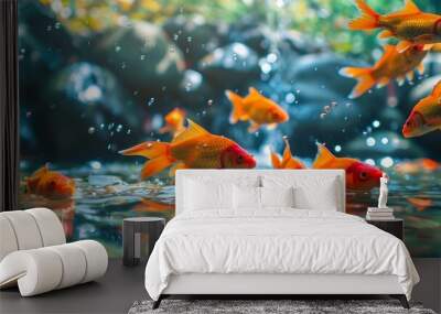 Goldfish swimming in a clear pond with water droplets and reflections Wall mural