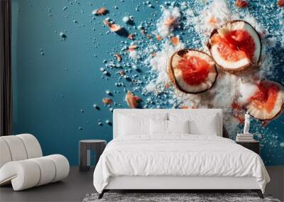 Grapefruit and coconut on a blue background Wall mural