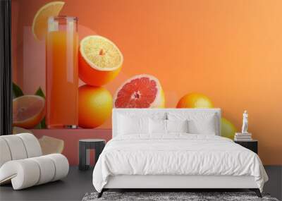 Grapefruit and orange juice with citrus fruits on a geometric display Wall mural