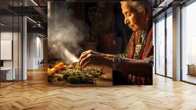 Mexican healer preparing her herbal infusions to heal a patient, natural medicine, local culture and Latin American tradition, Mexican shaman Wall mural