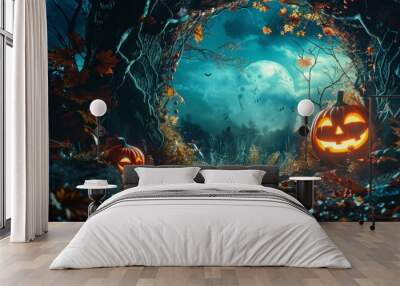 Halloween Jack-o'-lanterns glowing under a full moon with bats in the sky Wall mural