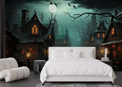 Halloween night with a spooky house and bats, halloween background. Wall mural