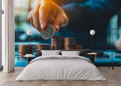 Hand stacking coins in a financial savings concept Wall mural