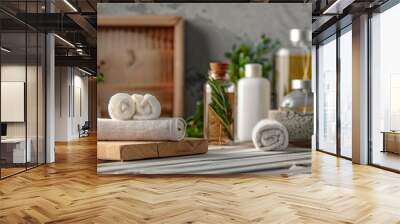 Luxury spa products with rolled towels on a wooden table Wall mural