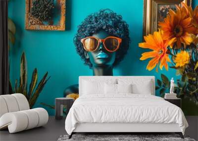 Mannequin with sunglasses in vibrant retro decor Wall mural