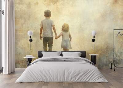 Illustration of two children walking holding hands. national short people's day. Wall mural