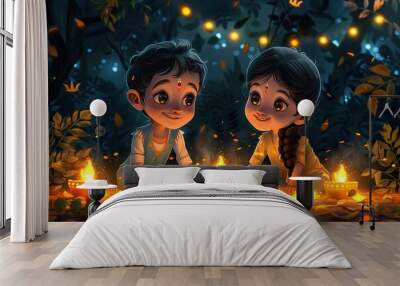 illustration of two happy children looking at each other celebrating Diwali Wall mural