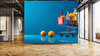 Mini shopping cart filled with groceries on blue background Wall mural