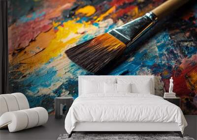 Paintbrush on a colorful textured palette Wall mural