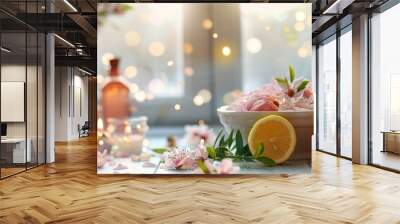 Romantic spa setup with flowers, candles, and citrus elements Wall mural